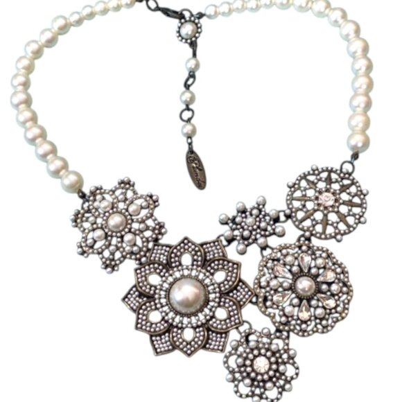 Retired Plunder Rosemary Faux Pearl & Rhinestone Snowflake Bib Necklace - Picture 2 of 7